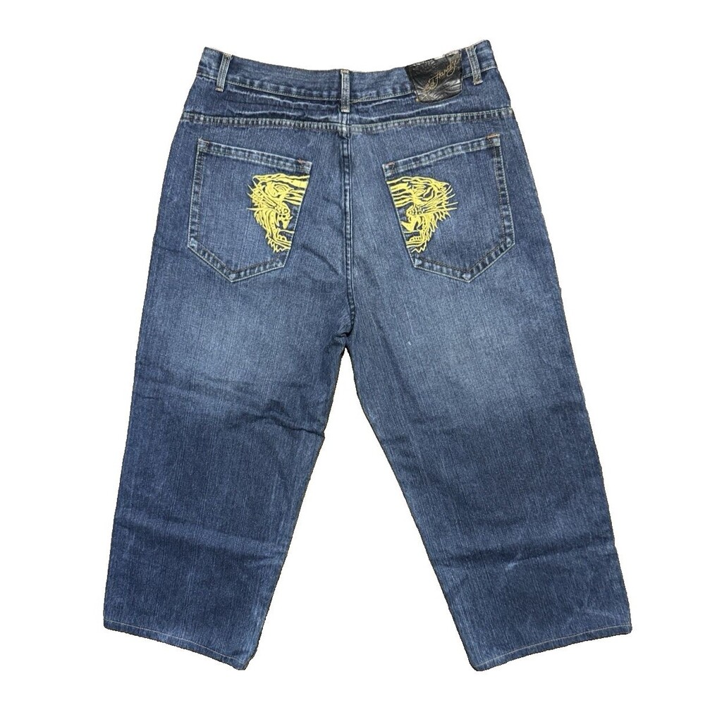 Y2K Ed Hardy Christian Audigier Tiger Embroidered Baggy Blue Jeans Mens 40 EUC